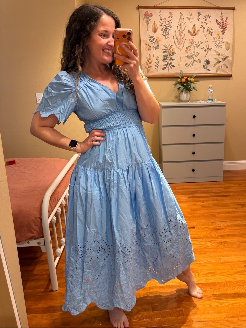 Anthropologie Moon River Pleated Eyelet Midi Dress Light Blue XS